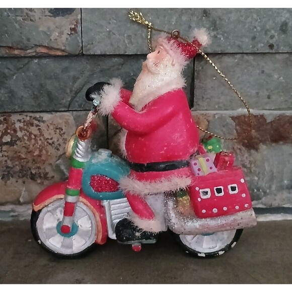 Ceramic Santa on Motorcycle with Presents Hanging Christmas Tree Ornament - Picture 1 of 7